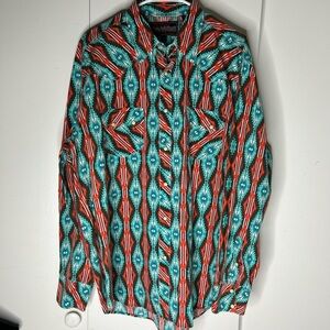 Rock & Roll Cowboy southwestern print, pearl snap button down long sleeve EUC